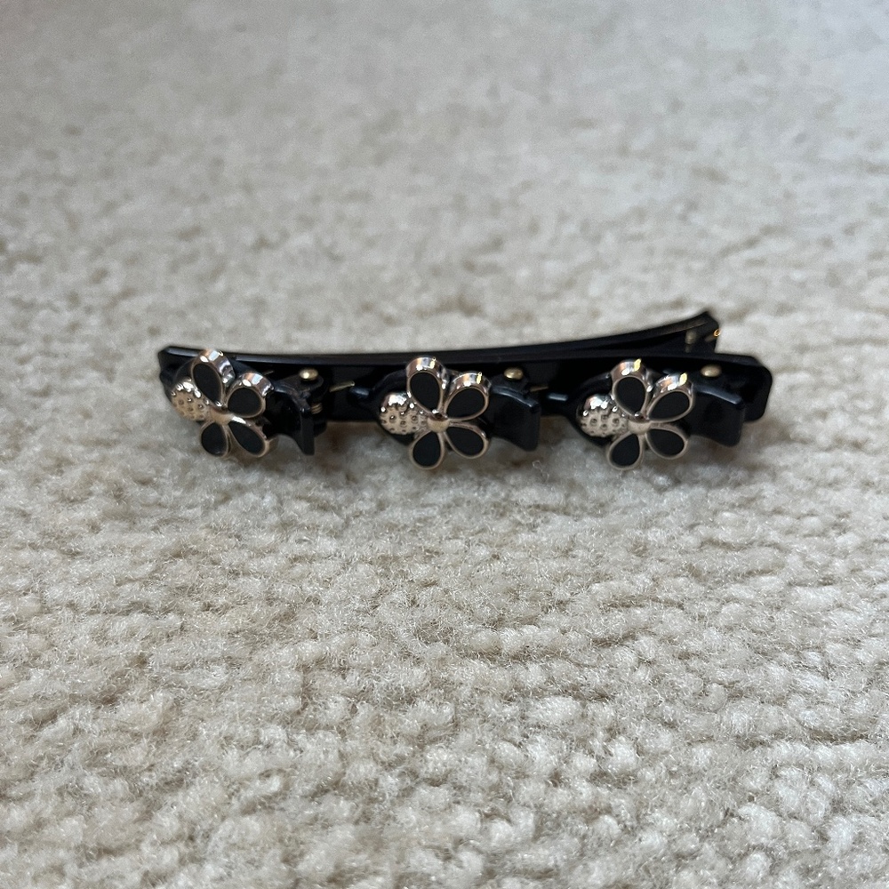 Large Barrette Black/Gold Flowers Triple Claw Clip
